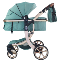 Коляска трансформер Aimile Gold (колёса PU, капюшон XXL, утеплённый конверт) Серо-голубой, золотой диск