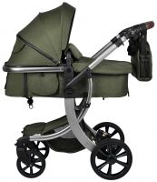 Коляска трансформер Aimile Silver (колёса PU, капюшон XXL, утеплённый конверт) Хаки, черный диск